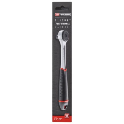 Facom 1/2 in Ratchet with Bi-Material Elastomer Handle, Compact Head, Satin Chrome Finish, 72 Tooth, 260mm Overall S.161BPB