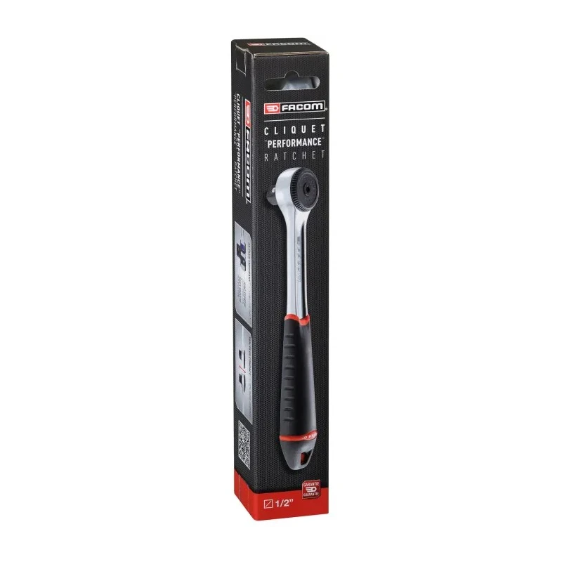 Facom 1/2 in Ratchet with Bi-Material Elastomer Handle, Compact Head, Satin Chrome Finish, 72 Tooth, 260mm Overall S.161BPB