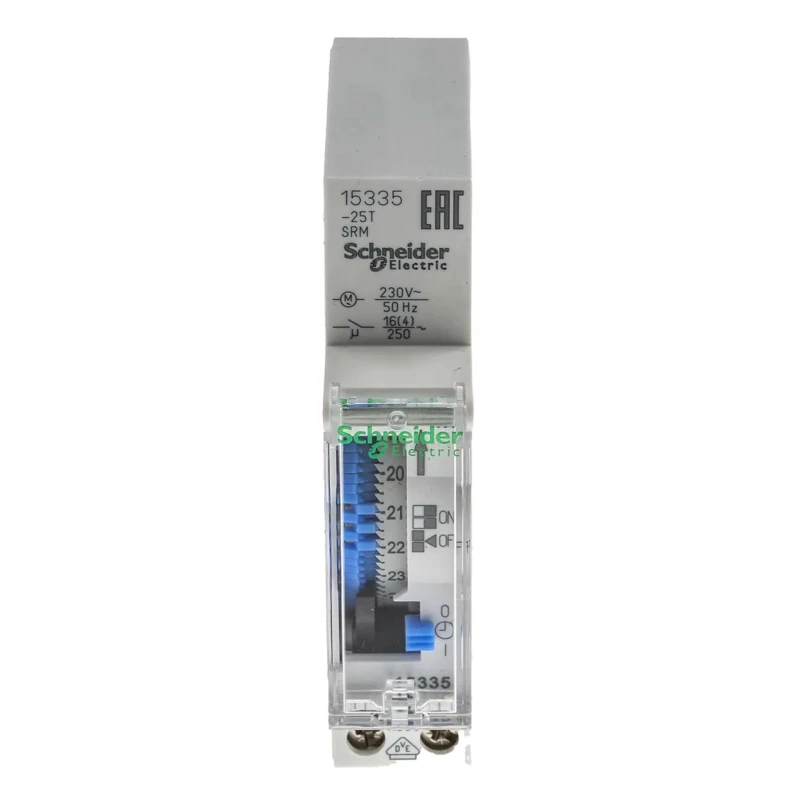 Schneider Electric Analogue Acti9 DIN Rail Time Switch 230V AC 1 Channel SPNO 15min Segment Length 10 Year Battery Life 