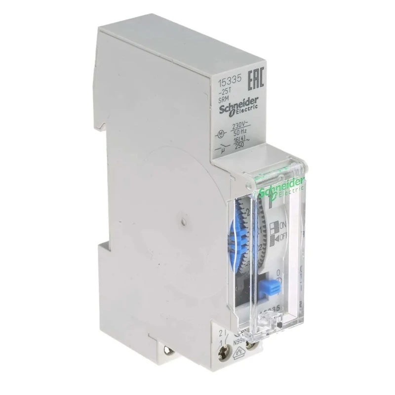 Schneider Electric Analogue Acti9 DIN Rail Time Switch 230V AC 1 Channel SPNO 15min Segment Length 10 Year Battery Life 
