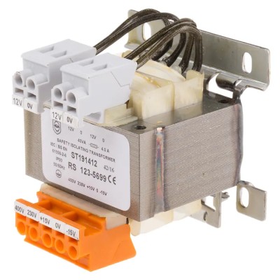 RS PRO 40 VA DIN Rail Transformer, 230 V AC, 400 V AC Primary, 2 x 12 V AC Secondary, DIN Rail Mount, 66x66x88mm 123-5699