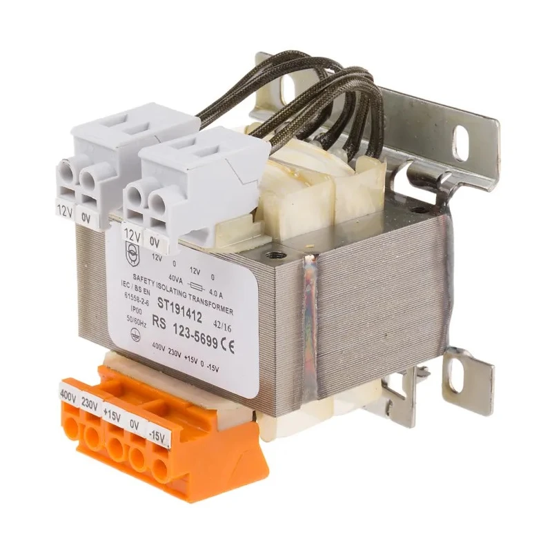 RS PRO 40 VA DIN Rail Transformer, 230 V AC, 400 V AC Primary, 2 x 12 V AC Secondary, DIN Rail Mount, 66x66x88mm 123-5699