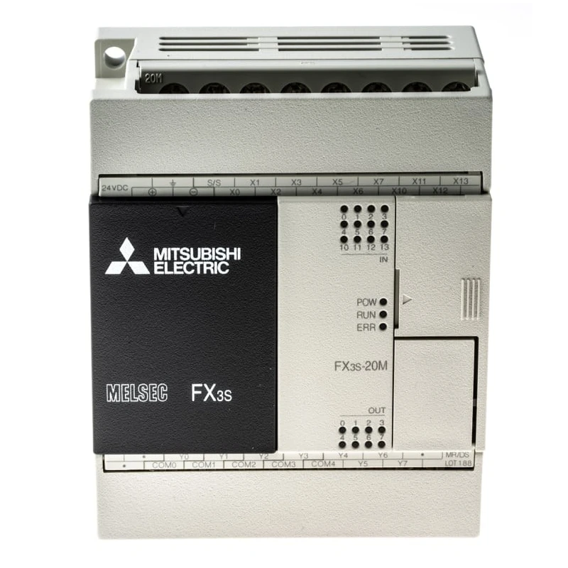Mitsubishi Electric FX3S Series PLC CPU, 12-Input Sink Type, 8 Relay Outputs, 2A Output Current, DIN Rail Mount 