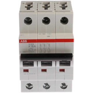 ABB System Pro M Compact S200 Miniature Circuit Breaker, 3-Pole, 16A, Type K, 440V AC, 20 kA 2CDS253001R0467 S203-K16