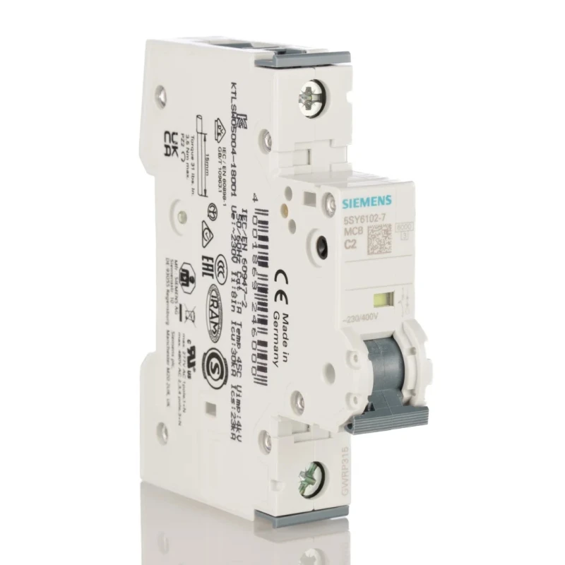 Siemens SENTRON Miniature Circuit Breaker 1-Pole 2A Type C 400V AC 60V DC 6 kA Breaking Capacity 5SY6102-7