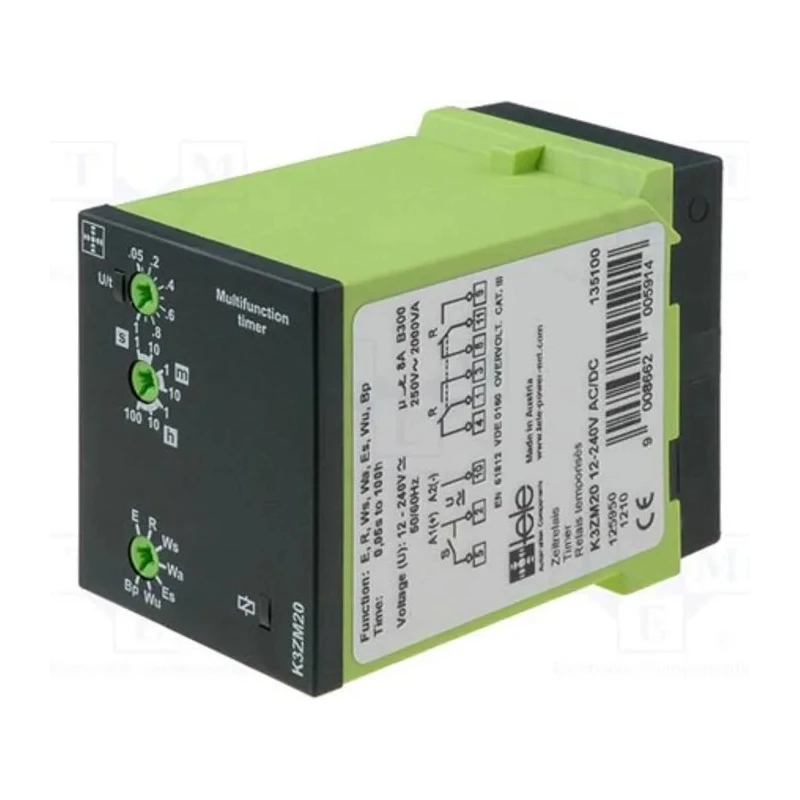 Tele Multifunction Timer Relay 2-Contact, 12 to 240 V AC/DC, 1 s to 100 h, DPDT, Screw Terminals, IP40, Austria K3ZM20