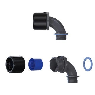 Flexicon Black and Grey Polyamide 66 Conduit Fitting 21 mm Nominal Size, M20 Thread, IP69, IP67, IP66, IP68 FPAU21-M20-90B