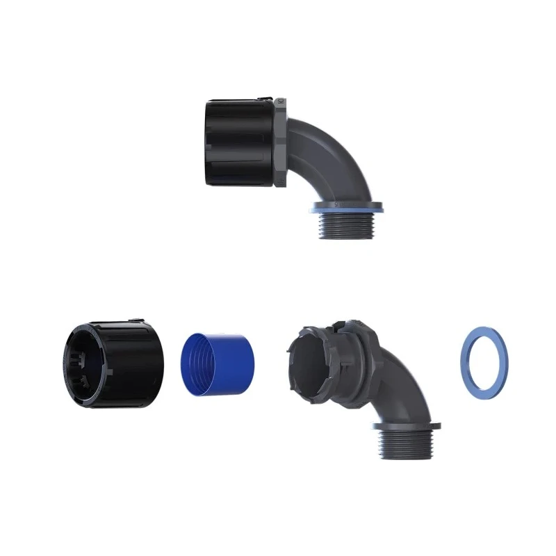 Flexicon Black and Grey Polyamide 66 Conduit Fitting 21 mm Nominal Size, M20 Thread, IP69, IP67, IP66, IP68 FPAU21-M20-90B