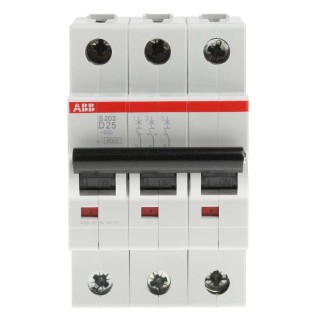 ABB System Pro M Compact S200 Miniature Circuit Breaker 3-Pole 25A Type D 440V AC 12V DC 6 kA 2CDS253001R0251 S203-D25