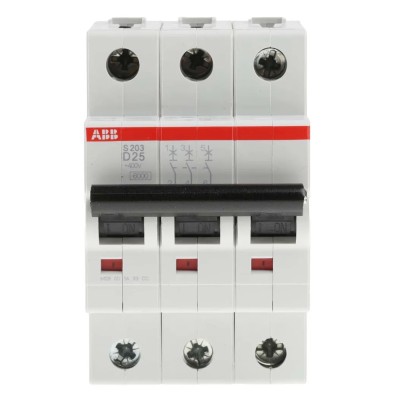 ABB System Pro M Compact S200 Miniature Circuit Breaker 3-Pole 25A Type D 440V AC 12V DC 6 kA 2CDS253001R0251 S203-D25