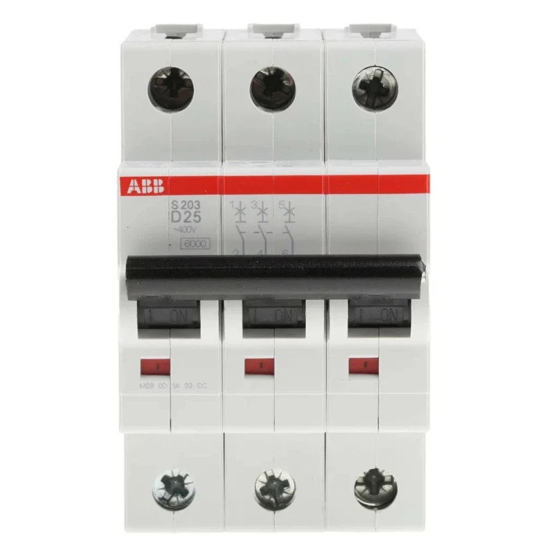 ABB System Pro M Compact S200 Miniature Circuit Breaker 3-Pole 25A Type D 440V AC 12V DC 6 kA 2CDS253001R0251 S203-D25