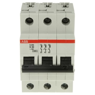 ABB System Pro M Compact S200 Miniature Circuit Breaker, 3-Pole, 40A, Type D, 440V AC, 12V DC, 6 kA 2CDS253001R0401 S203-D40