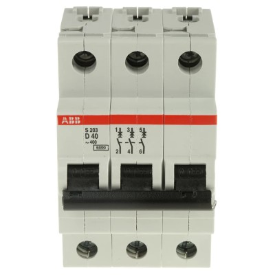ABB System Pro M Compact S200 Miniature Circuit Breaker, 3-Pole, 40A, Type D, 440V AC, 12V DC, 6 kA 2CDS253001R0401 S203-D40