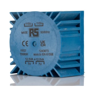 RS PRO 25VA Dual Primary Toroidal Transformer 2 x 115 V AC 2 x 7 V Secondary 1.785A Through Hole Mounting 124-3873