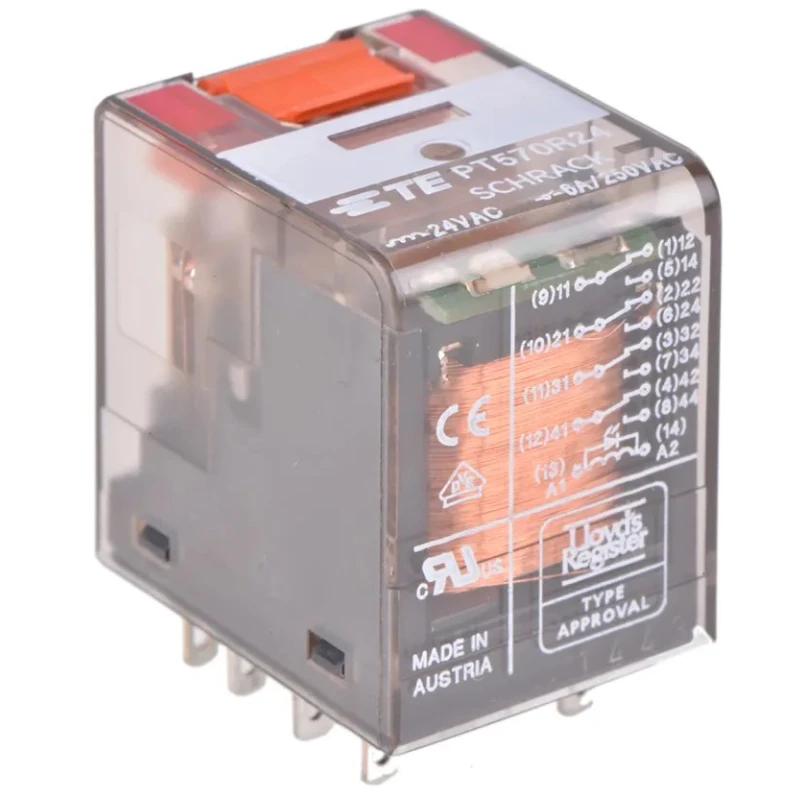 TE Connectivity DIN Rail Power Relay 24V ac Coil 6A Switching Current 4PDT PT570R24 7-1415001-1