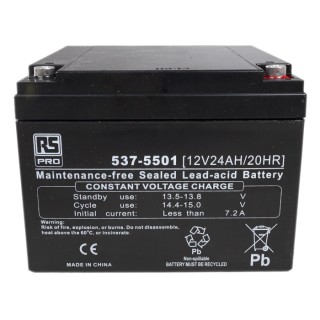 RS PRO 12 V Sealed Lead Acid Battery, 24 Ah Capacity, AGM Construction, T12 Terminal, 125mm x 166mm, 7.2kg Weight 537-5501