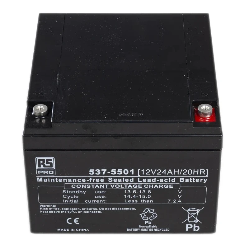 RS PRO 12 V Sealed Lead Acid Battery, 24 Ah Capacity, AGM Construction, T12 Terminal, 125mm x 166mm, 7.2kg Weight 537-5501