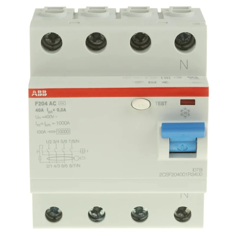 ABB Residual Current Circuit Breaker 40A 4-Pole 300mA Type AC 400V F200 Series 2CSF204001R3400 F204 AC-40/0,3