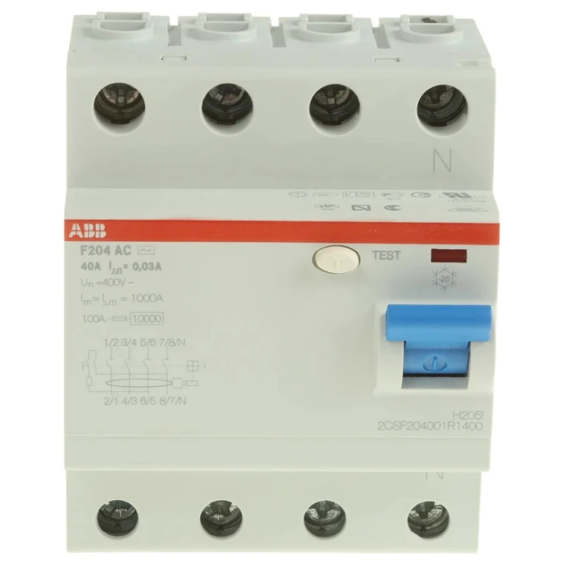 ABB F200 Series Residual Current Circuit Breaker 63A 4-Pole 300mA Type AC 400V AC 2CSF204001R3630 F204 AC-63/0,3