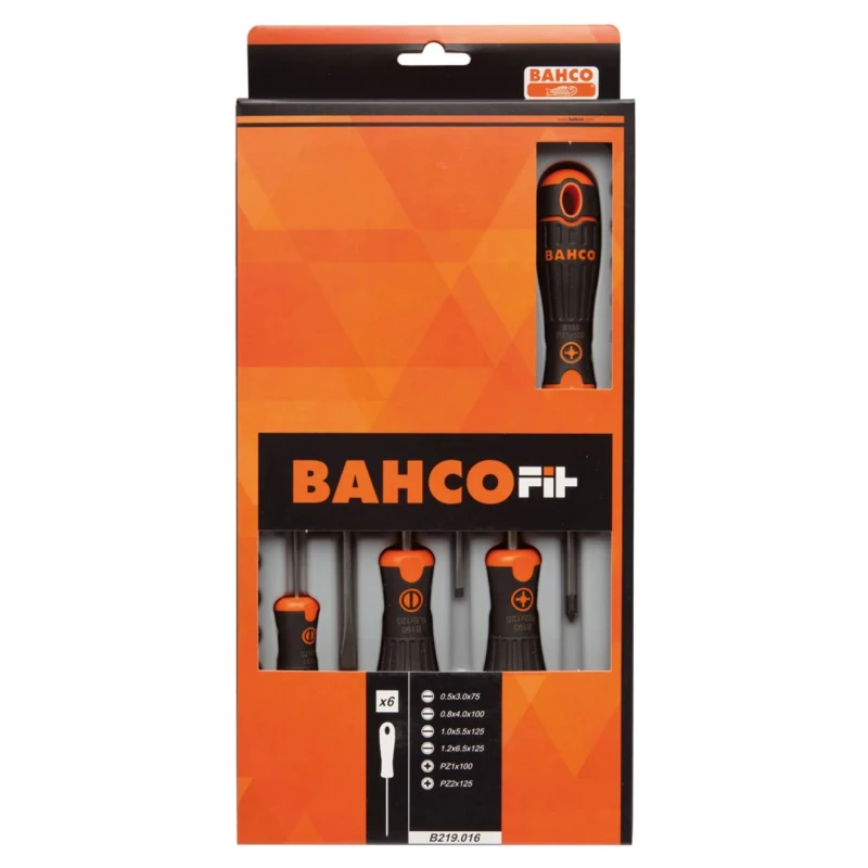 Bahco Pozidriv Standard Screwdriver Set, 6-Piece, Tip Sizes 0.5x3 mm to 1.2x6.5 mm, Model B219.016
