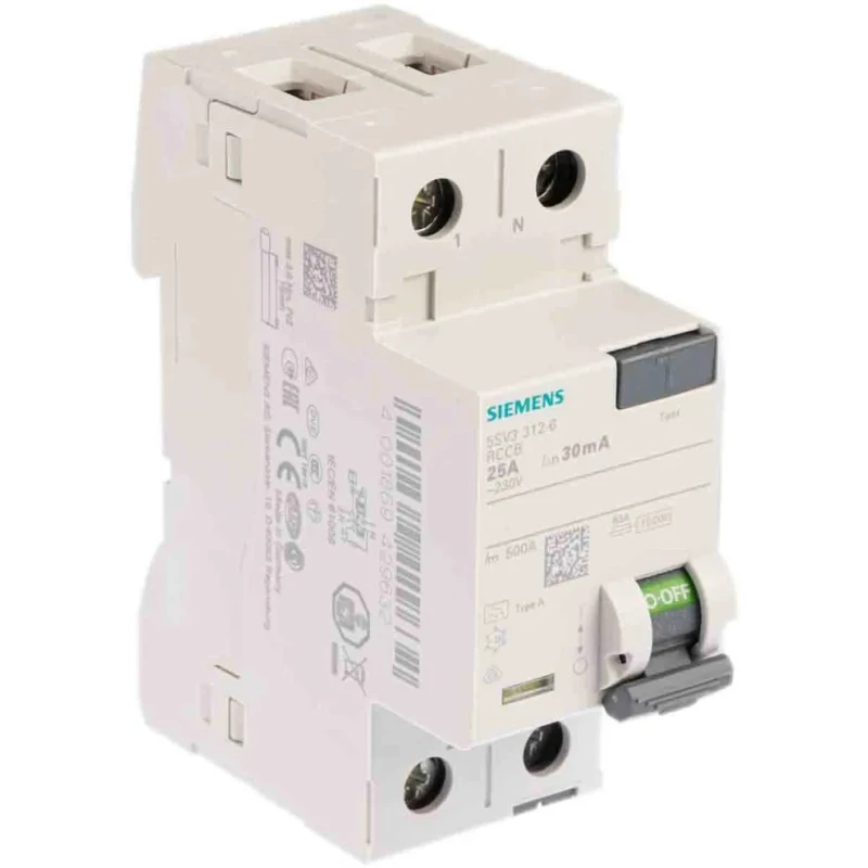Siemens 5SV3 Series Residual Current Circuit Breaker RCCB, 25A, 2-Pole, 30 mA Trip Sensitivity, Type A, 0.8 kA 5SV3312-6