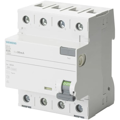 Siemens Series 5SV3 Residual Current Circuit Breaker, 40A, 4-Pole, 100 mA, Type A, 0.8 kA Breaking Capacity, 400V 5SV3444-6