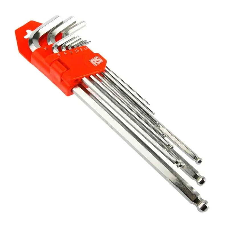 RS PRO 9 Piece L Metric Hex Key Set with Hex Ball End Sizes 1.5 to 10 mm, Chrome Finished S2 Steel 542-3515