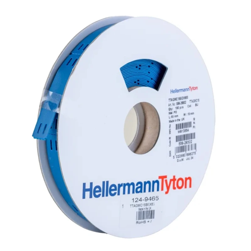 HellermannTyton Durable Polyolefin Blue Background White Print Cable Labels 65 mm Width 556-26502 TTAGMC15BEX65S-PO/MET-BU