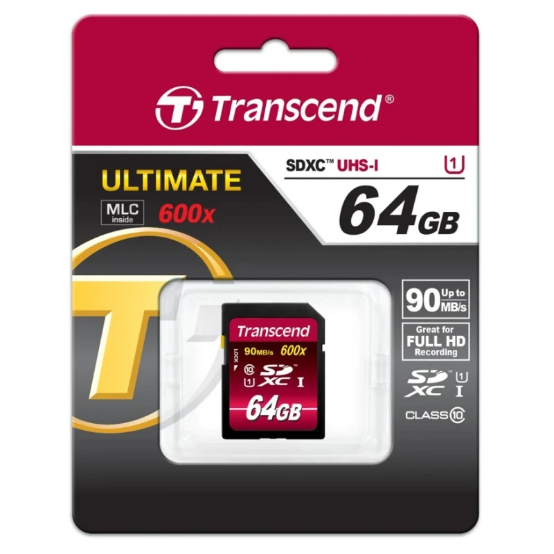 Transcend Ultimate 64 GB SDXC SD Card, UHS 1 U1, Class 10, MLC NAND, 600x Speed Rating TS64GSDXC10U1