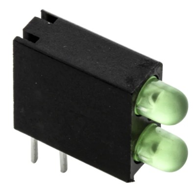 Dialight Green Right Angle PCB LED Indicator 5 mm (T-1 3/4), 2 LEDs 2.8 V Single Colour 553-0122-200F