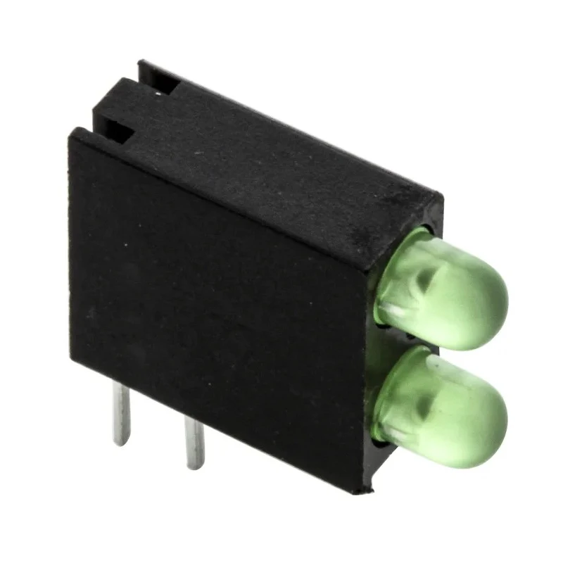 Dialight Green Right Angle PCB LED Indicator 5 mm (T-1 3/4), 2 LEDs 2.8 V Single Colour 553-0122-200F