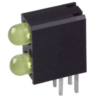 Dialight Yellow Right Angle PCB LED Indicator 5 mm (T-1 3/4), 2 LEDs 2.8 V Single Colour 553-0133-200F