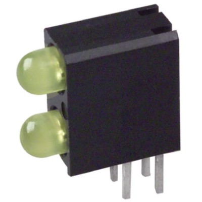 Dialight Yellow Right Angle PCB LED Indicator 5 mm (T-1 3/4), 2 LEDs 2.8 V Single Colour 553-0133-200F