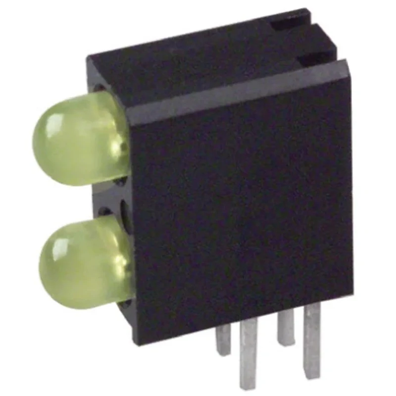 Dialight Yellow Right Angle PCB LED Indicator 5 mm (T-1 3/4), 2 LEDs 2.8 V Single Colour 553-0133-200F