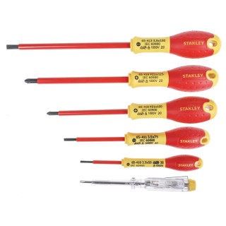 Stanley Insulated Pozidriv Screwdriver Set, 6 Pieces, VDE Certified, Tip Sizes 2.5 mm, 3.5 mm, 5.5 mm, PZ1 & PZ2 0-65-443