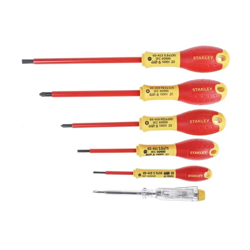 Stanley Insulated Pozidriv Screwdriver Set, 6 Pieces, VDE Certified, Tip Sizes 2.5 mm, 3.5 mm, 5.5 mm, PZ1 & PZ2 0-65-443