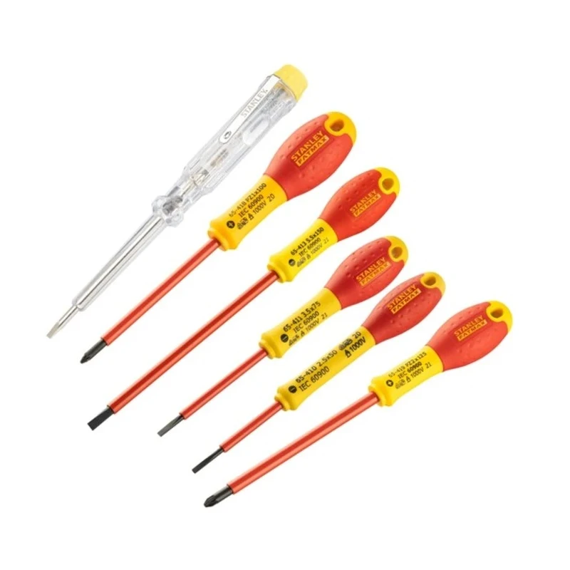 Stanley Insulated Pozidriv Screwdriver Set, 6 Pieces, VDE Certified, Tip Sizes 2.5 mm, 3.5 mm, 5.5 mm, PZ1 & PZ2 0-65-443