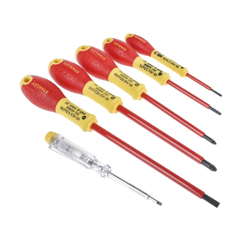 Stanley Insulated Pozidriv Screwdriver Set, 6 Pieces, VDE Certified, Tip Sizes 2.5 mm, 3.5 mm, 5.5 mm, PZ1 & PZ2 0-65-443