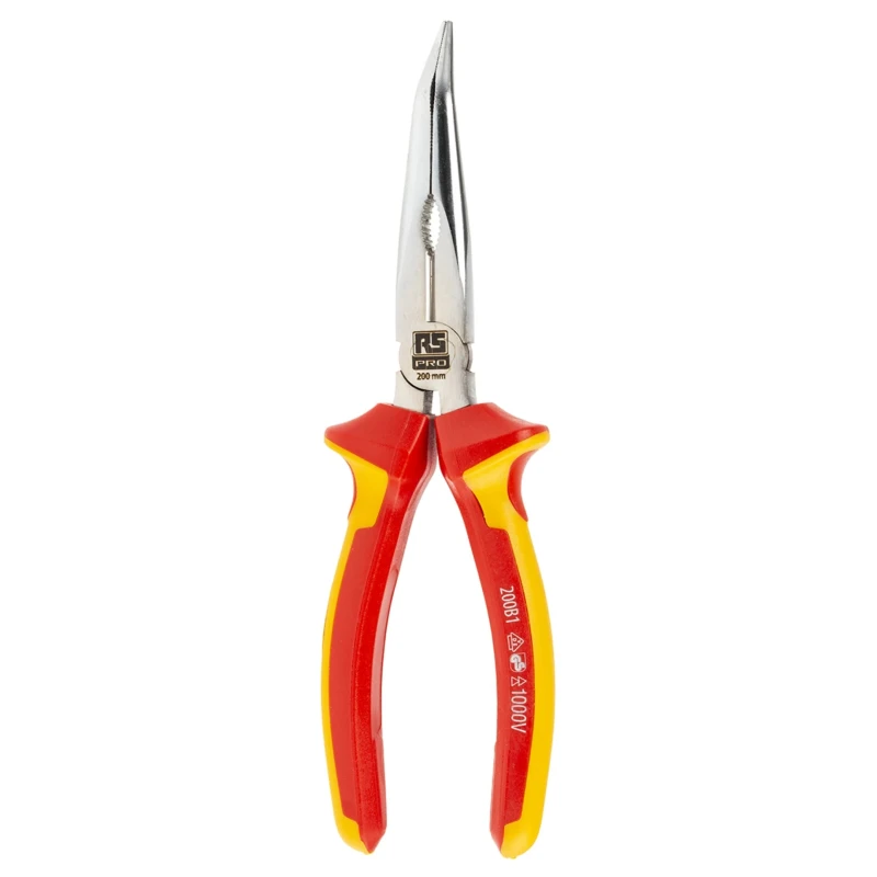 RS PRO Long Nose Plier Bent Nose, 200mm Overall Length, 72mm Jaw, VDE 1000V Approved 125-3074