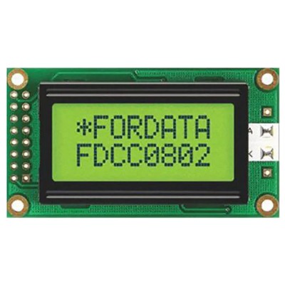 Fordata LCD Alphanumeric Display 2 x 8 Characters Yellow Green LED Backlight 5 V 4 Bit Interface FC0802B00-FHYYBW-51SE