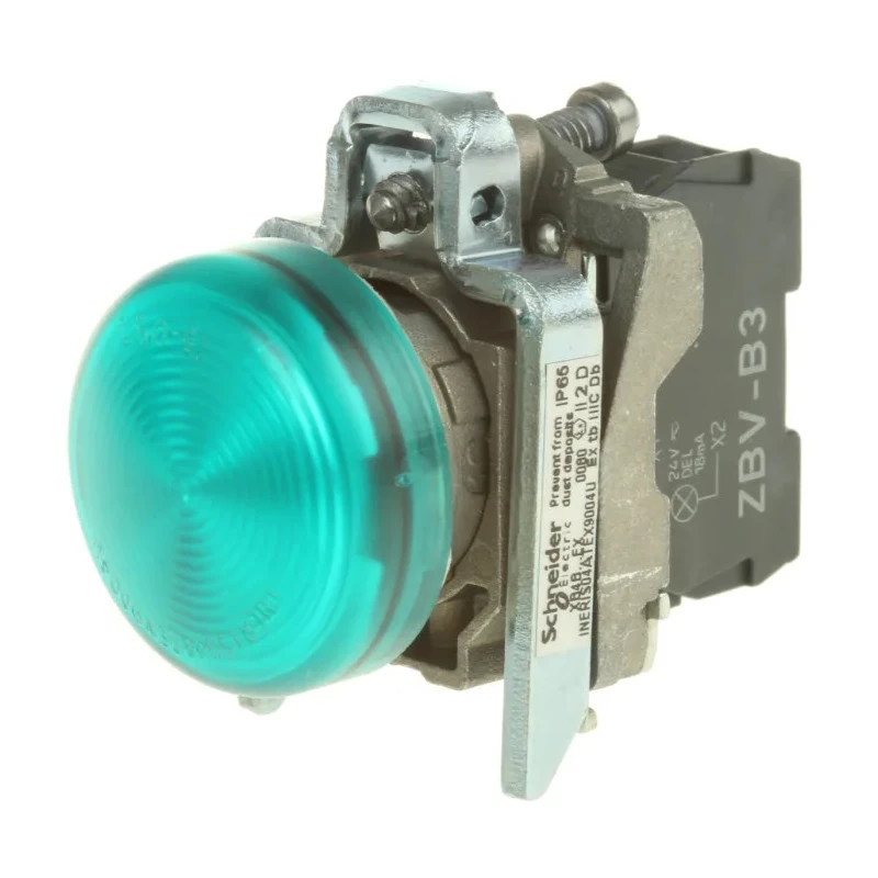 Schneider Electric Panel Mount Green LED Pilot Light Harmony XB4 22 mm Cutout 24V ac/dc IP65 Round XB4BVB3EX