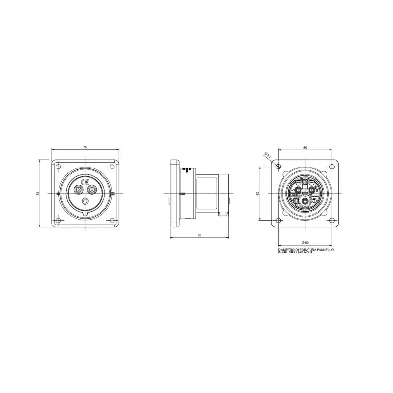 Scame Optima IP44 Blue Panel Mount 2P+PE Straight Industrial Power Connector 16A 230V IP44