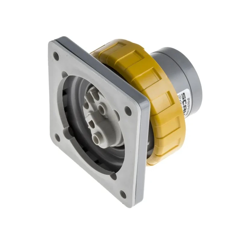 Scame Optima IP67 Yellow Panel Mount 2P+PE Straight Industrial Power Connector 16A 110V IP67