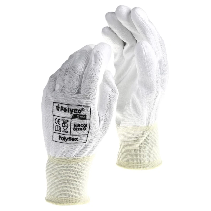 Polyco Healthline Polyflex White Polyurethane Work Gloves Size 9, Polyurethane Coating 8803