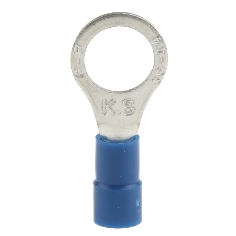 RS PRO Insulated Ring Terminal M8 Stud Size 16 AWG 14 AWG Wire Size Vinyl Blue Copper Tin Plated 613-9362