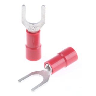 RS PRO Insulated Fork Terminal, Vinyl Insulation, 22 AWG to 16 AWG Wire Size, M5 Stud Size, Red, 0.75 mm Thickness 613-9491