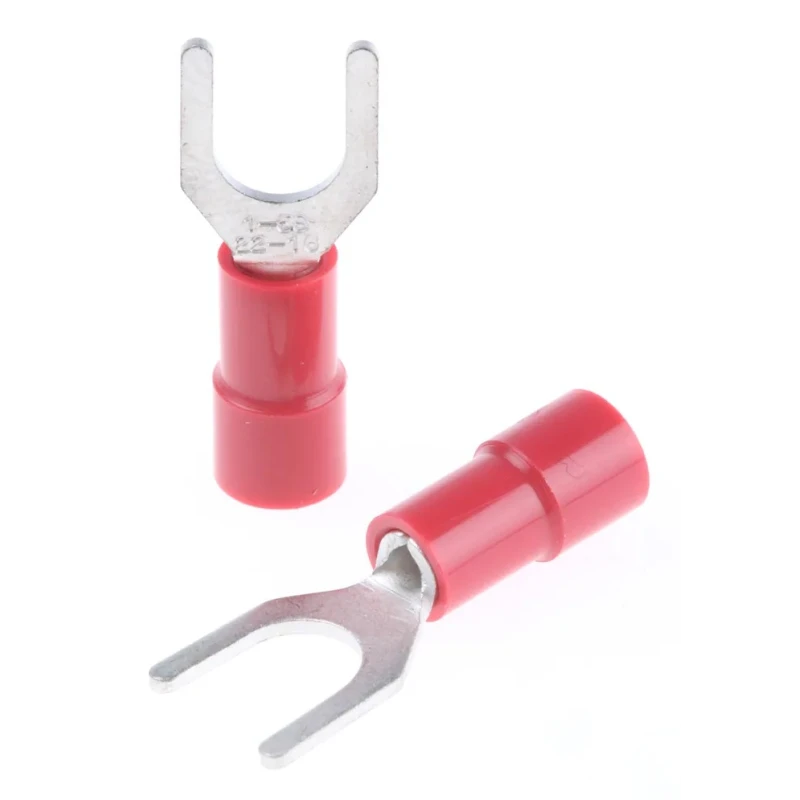 RS PRO Insulated Fork Terminal, Vinyl Insulation, 22 AWG to 16 AWG Wire Size, M5 Stud Size, Red, 0.75 mm Thickness 613-9491
