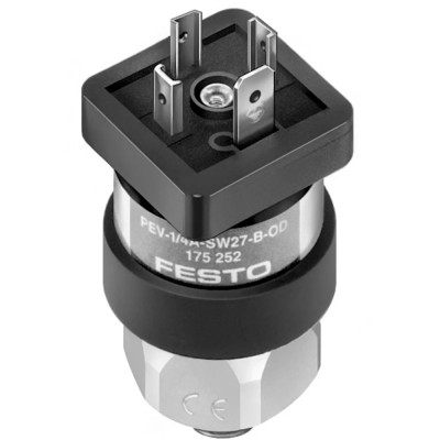 Festo Pressure Switch 1/4 in Port Size Relative Pressure 1 bar to 10 bar 250V DC 400mA PEV-1/4-A-SW27-B-OD
