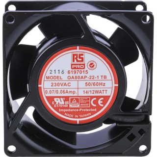 RS PRO AC Dual Bearing Axial Fan 230V AC 12W 51 m³/h 3000 RPM IP44 Square Frame 80 mm 38 mm IP44