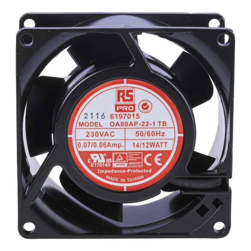 RS PRO AC Dual Bearing Axial Fan 230V AC 12W 51 m³/h 3000 RPM IP44 Square Frame 80 mm 38 mm IP44
